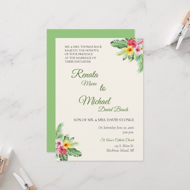 Tropical Floral Wedding Invitation (Front/Back In Situ)