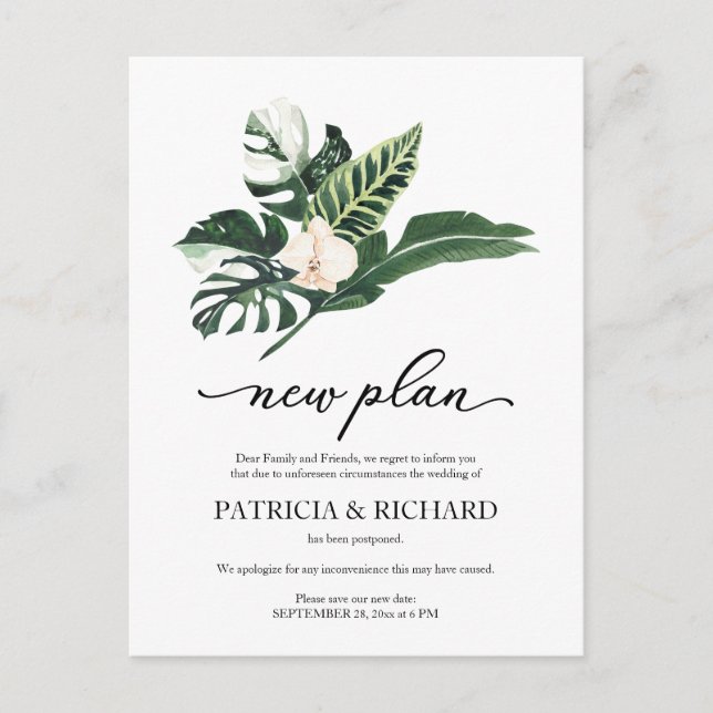 Tropical Floral Wedding Postponement New Plan Postcard (Front)