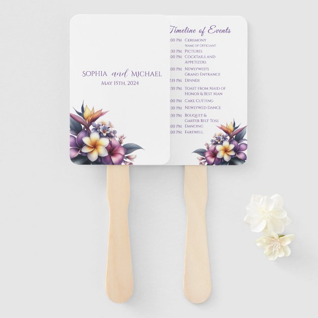 Tropical Floral-Wedding Program Hand Fan (Front and Back)