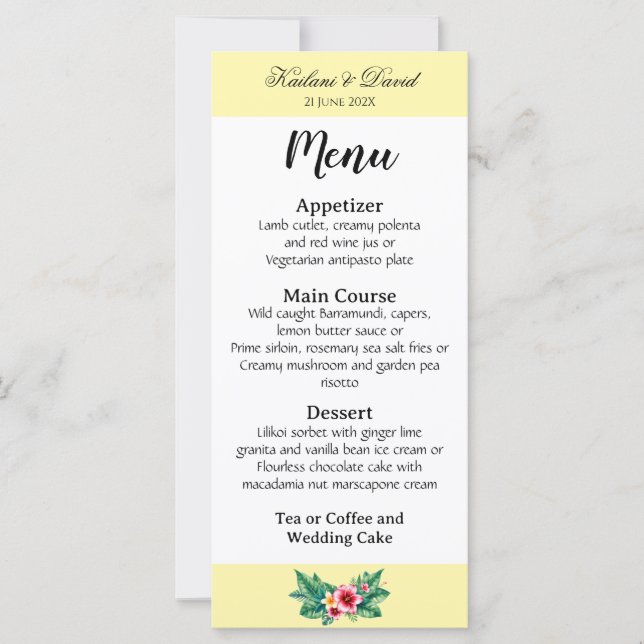 Tropical Floral wedding theme menu card (Front)