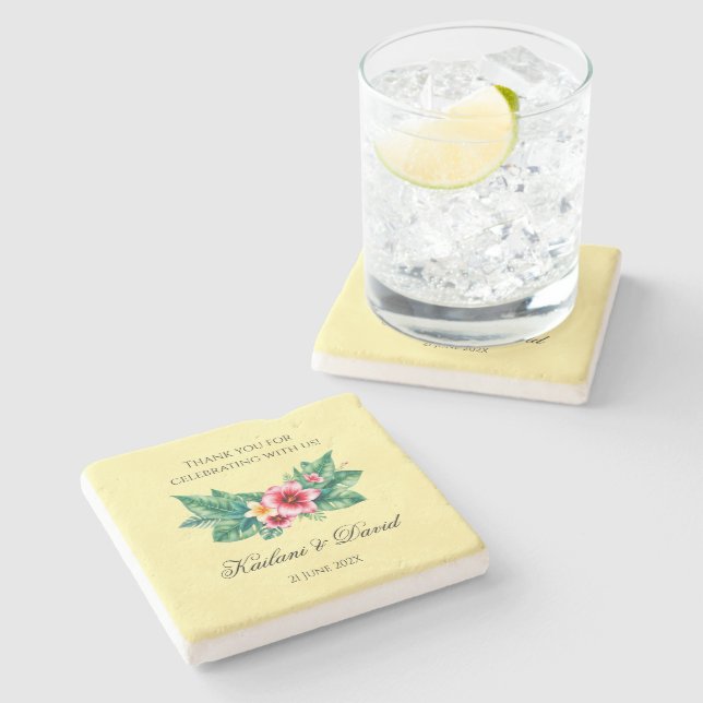 Tropical floral wedding theme stone coaster (Side)