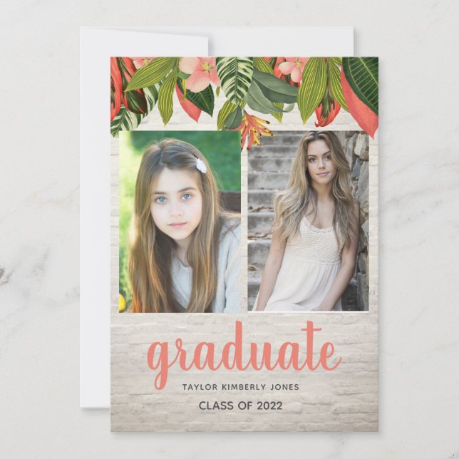 Tropical Floral White Brick Multi Photo Graduation Invitation (Front)
