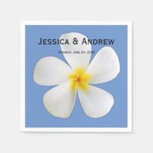 Tropical Floral, White Plumeria on Blue, Wedding Napkin