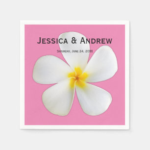 Tropical Floral, White Plumeria on Pink, Wedding Napkin