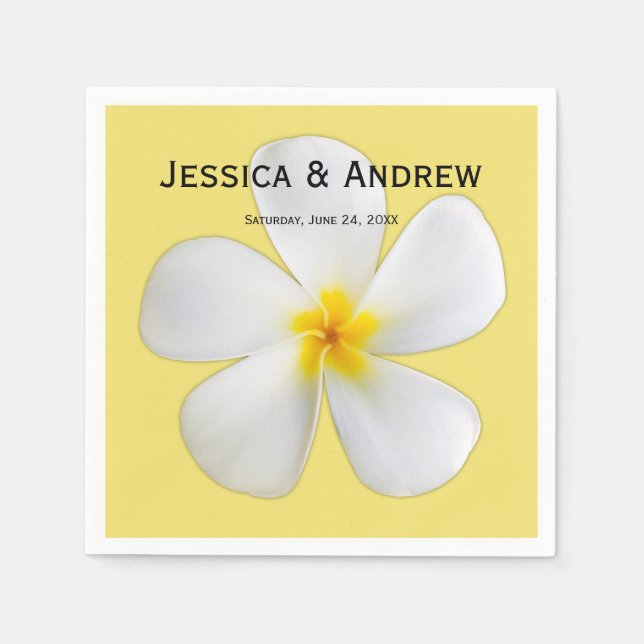 Tropical Floral, White Plumeria on Yellow, Wedding Napkin (Front)