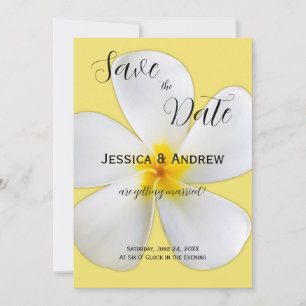 Tropical Floral, White Plumeria on Yellow, Wedding Save The Date