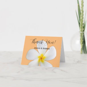 Tropical Floral, White Plumeria Orange, Wedding Thank You Card
