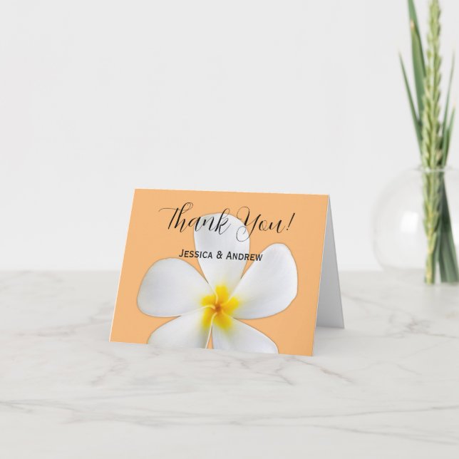 Tropical Floral, White Plumeria Orange, Wedding Thank You Card (Front)