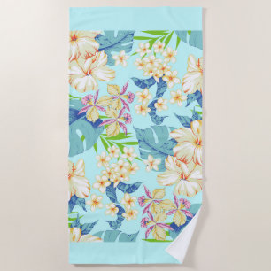 Tropical Floral with a Blue Border Beach Towel