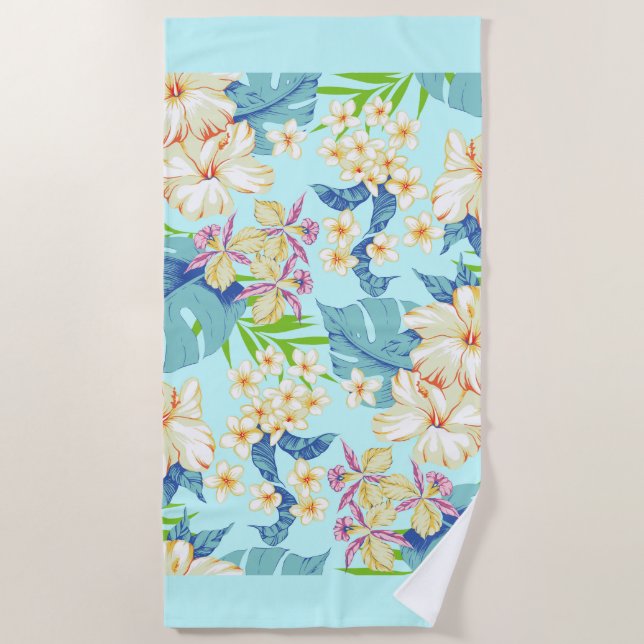 Tropical Floral with a Blue Border Beach Towel (Front)