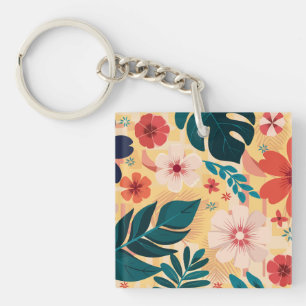 Tropical Floral with Bold Leaves and Flowers Key Ring