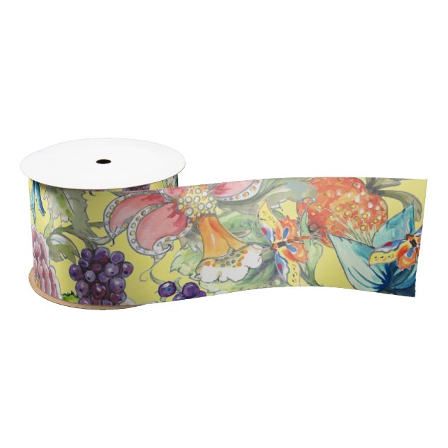 Tropical Floral Yellow Butterfly Oriental Garden Satin Ribbon (Spool)