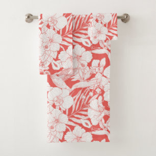 Tropical Florals and Hummingbird in coral and off Bath Towel Set