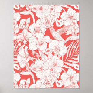 Tropical Florals and Hummingbird in coral and off Poster