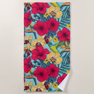 Tropical Florals and Hummingbird - Summer Botanica Beach Towel