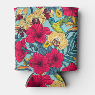 Tropical Florals and Hummingbird - Summer Botanica Can Cooler