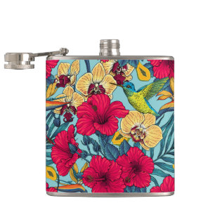 Tropical Florals and Hummingbird - Summer Botanica Hip Flask