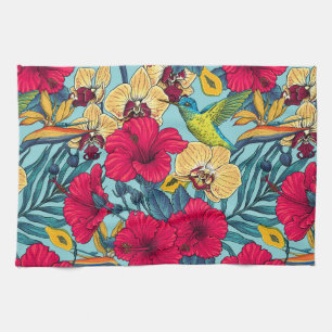 Tropical Florals and Hummingbird - Summer Botanica Tea Towel