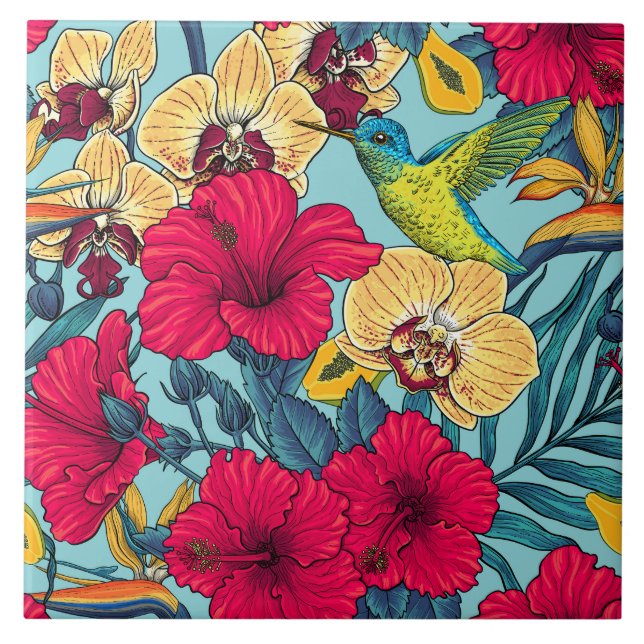 Tropical Florals and Hummingbird - Summer Botanica Tile (Front)