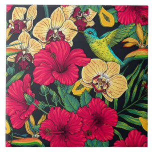 Tropical Florals and Hummingbird - Summer Botanica Tile