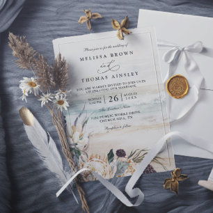 tropical florals protea beach elegant chic wedding invitation