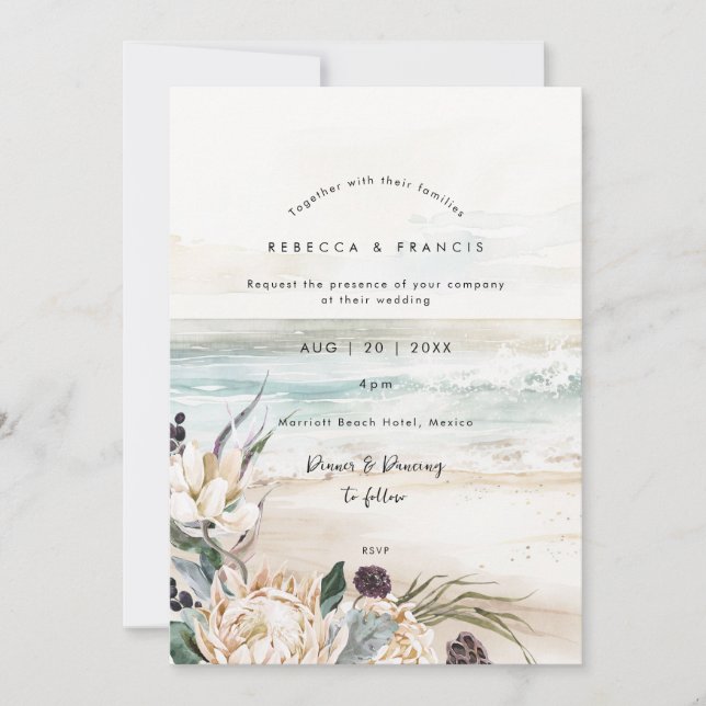 tropical florals protea beach wedding invitation (Front)