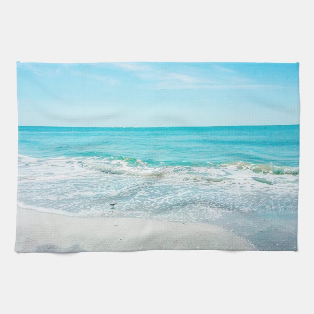 Tropical Florida Beach Sand Ocean Waves Sandpiper Tea Towel (Horizontal)