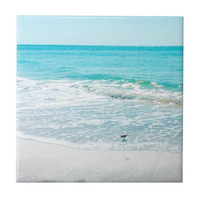 Tropical Florida Beach Sand Ocean Waves Sandpiper Tile (Front)