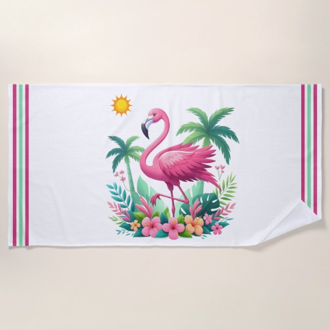 Tropical/Florida pink flamingo Beach Towel (Front)