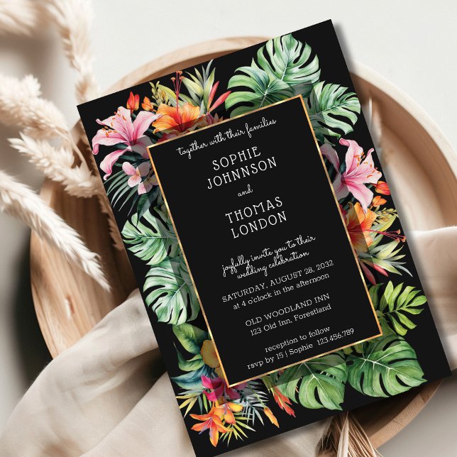 Tropical flower and leaves dark watercolor wedding invitation (Creator Uploaded)