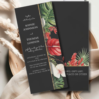 Tropical flower and leaves dark watercolor wedding invitation