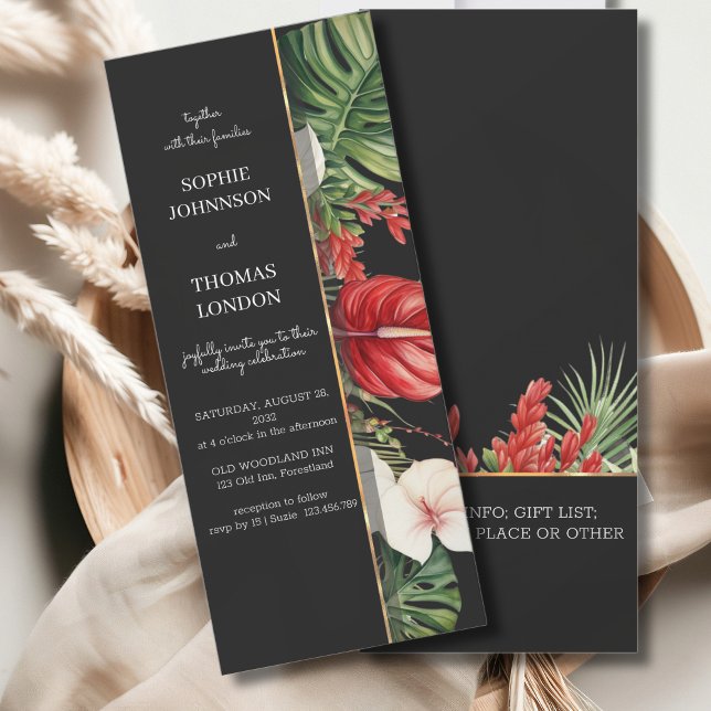 Tropical flower and leaves dark watercolor wedding invitation (Creator Uploaded)