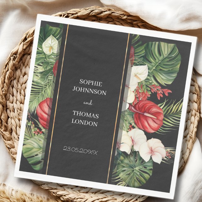 Tropical flower and leaves dark watercolor wedding napkin (Creator Uploaded)