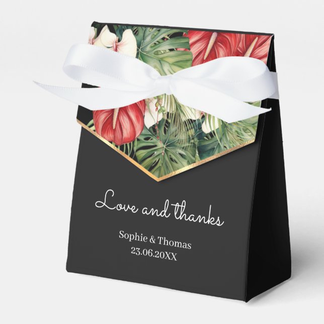 Tropical flower and leaves dark wedding favour box (Front Side)