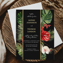Tropical flower and leaves dark wedding invitation