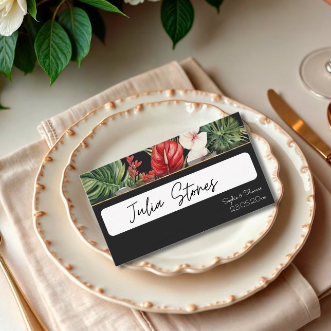 Tropical flower and leaves dark wedding place card (Creator Uploaded)