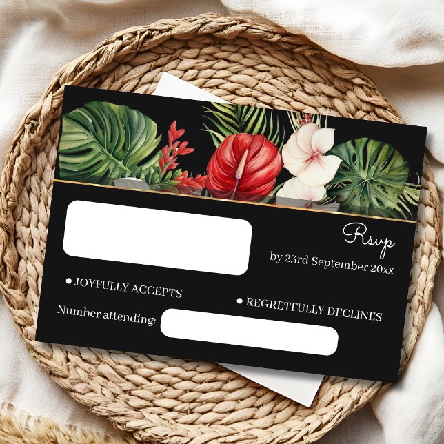 Tropical flower and leaves dark wedding RSVP card (Creator Uploaded)