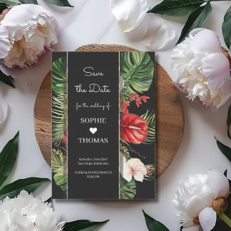 Tropical flower and leaves dark wedding save the date