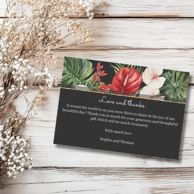 Tropical flower and leaves dark wedding thank you card (Creator Uploaded)