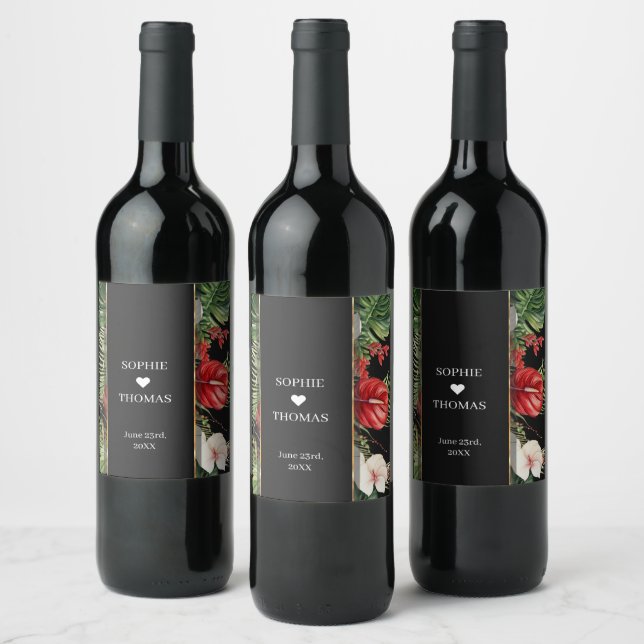 Tropical flower and leaves dark wedding wine label (Bottles)