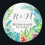 Tropical Flower and Leaves Wreath Spring Wedding Magnet<br><div class="desc">This vintage and rustic watercolor tropical flower and leaves wreath illustration is perfect for wedding, bridal shower, engagement party and anniversary celebration party favour. Get this chic and elegant floral design for your outdoor spring wedding, in the country or at a romantic botanical garden. Personalise the text using hand lettering...</div>