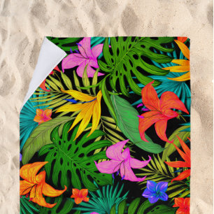 Tropical flower and palm leaf Hawaiian colourful Beach Towel