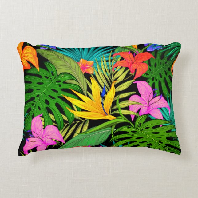 Tropical flower and palm leaf Hawaiian colourful Decorative Cushion (Front)
