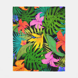 Tropical flower and palm leaf Hawaiian colourful  Fleece Blanket