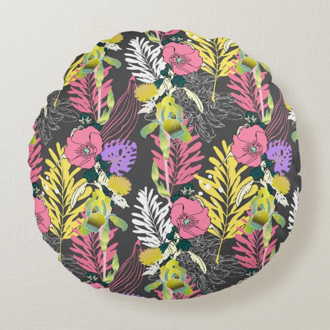 Tropical Flower Art: Original Pattern. Round Cushion (Front)