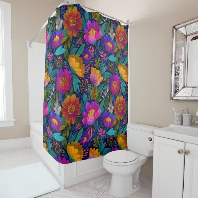 Tropical Flower Blossoms Bright Floral Pattern  Shower Curtain (In Situ)