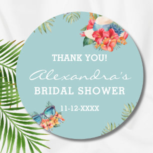 Tropical Flower Blue Beach Bridal Shower Thank You Classic Round Sticker