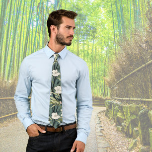 Tropical Flower Chinoiserie Asian Dusty Teal Print Tie