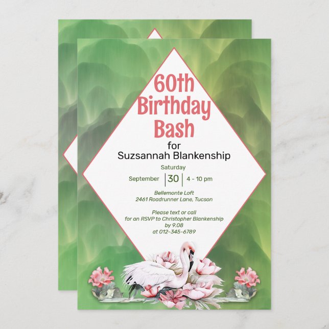 Tropical Flower & Flamingo Custom Celebration Invitation (Front/Back)