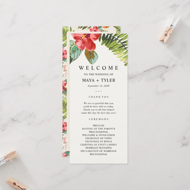Tropical Flower Greenery Wedding Program (Front/Back In Situ)
